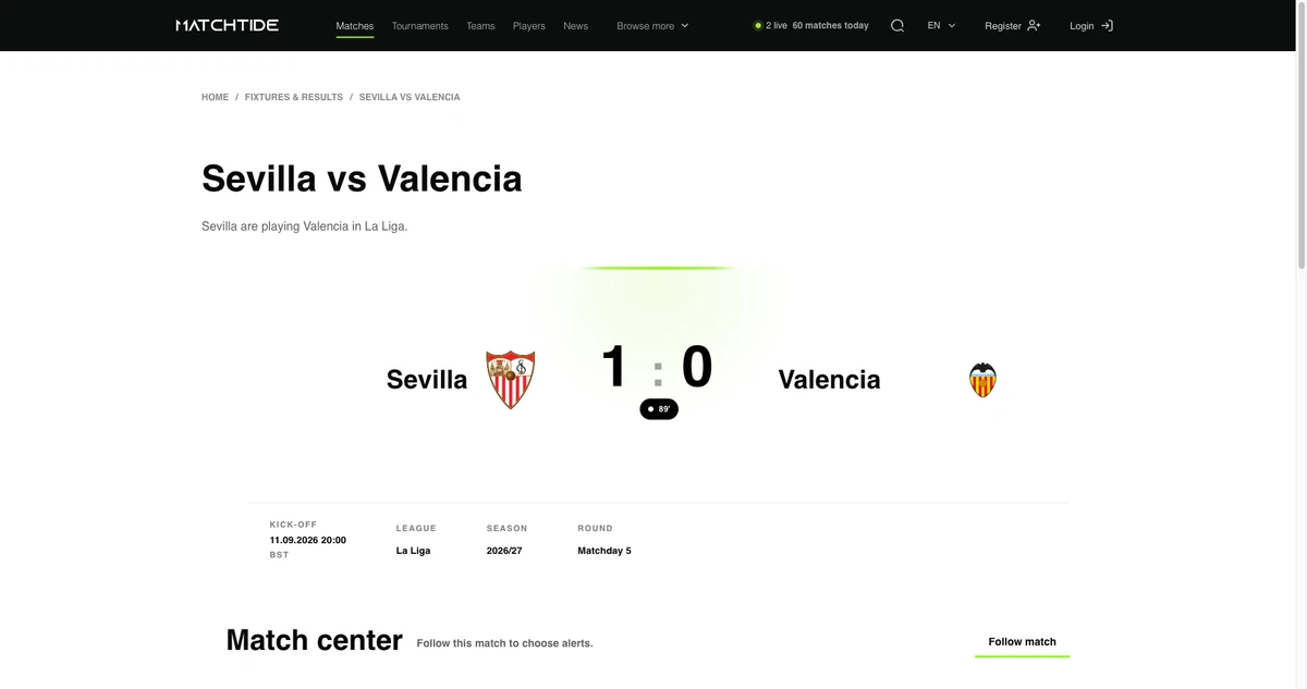 MatchTide: Рахунок, контекст матчу та детальні розділи матчу.