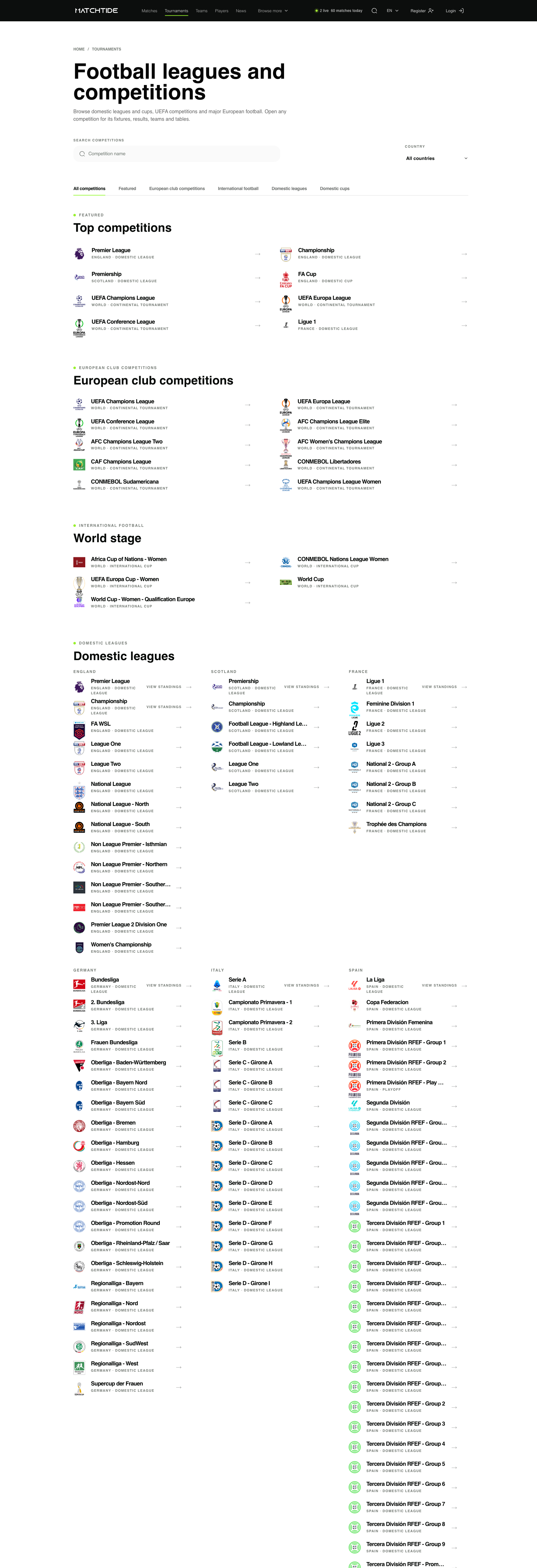 MatchTide: Browsing leagues and competitions.