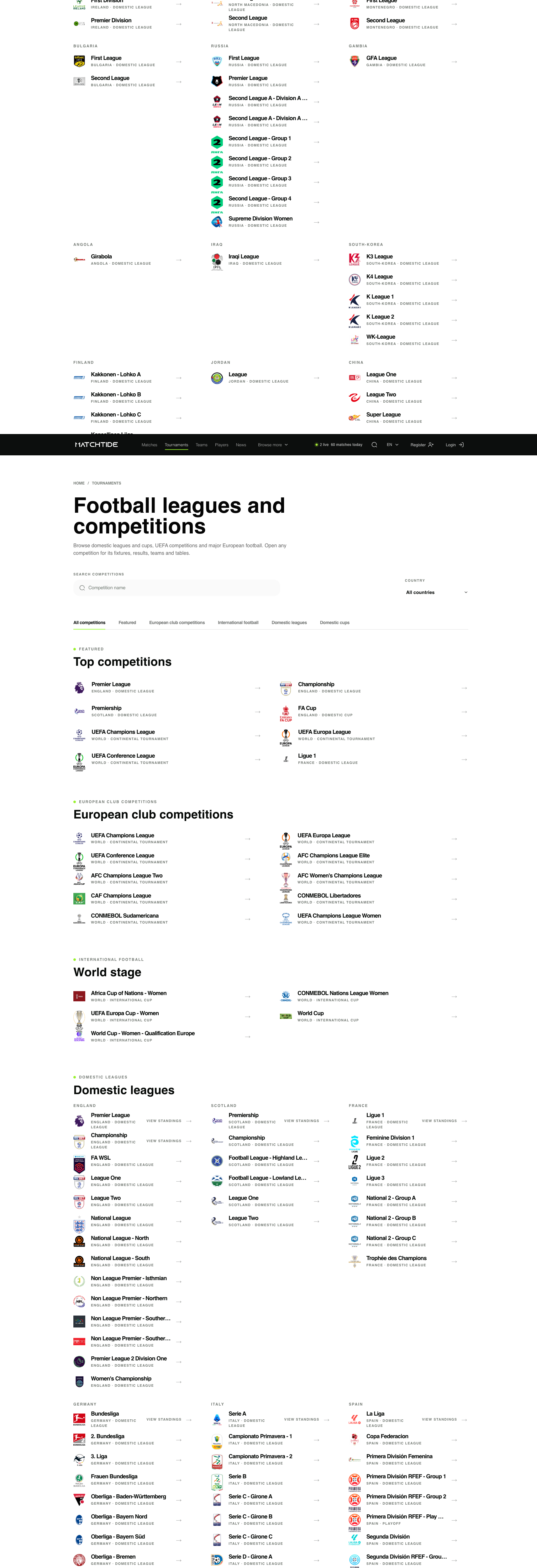 MatchTide: Browsing leagues and competitions.
