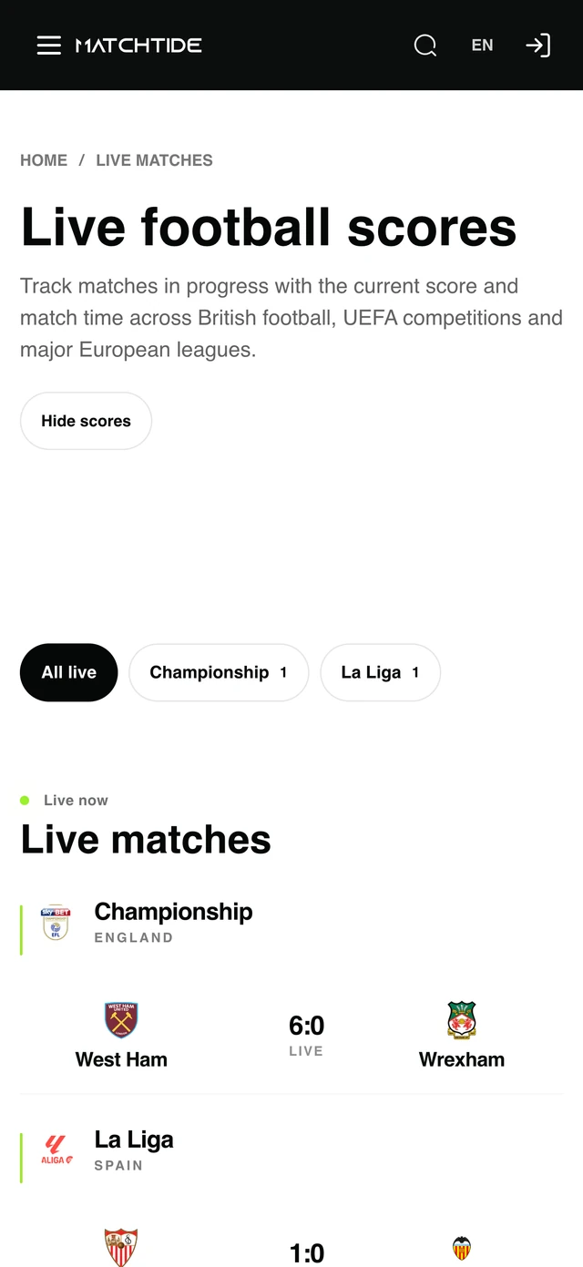 MatchTide: Перегляд live-матчів і фільтрів за турнірами на телефоні.