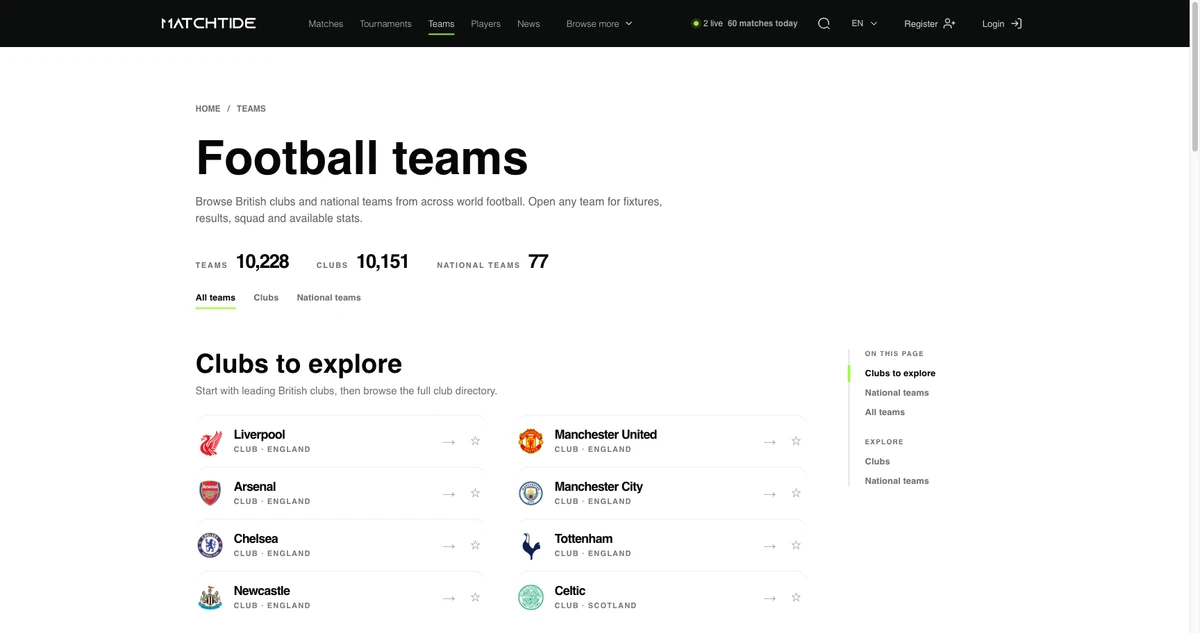 MatchTide: Пошук клубів і перехід на сторінки команд.
