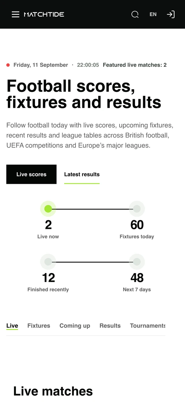 MatchTide: Матчі наживо, майбутні й завершені матчі на головній сторінці телефона.