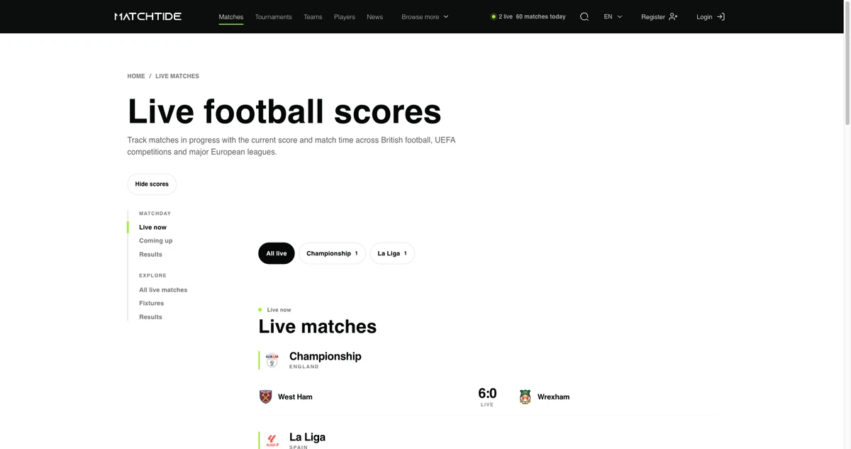 MatchTide: Перегляд live-матчів і фільтри за турнірами.