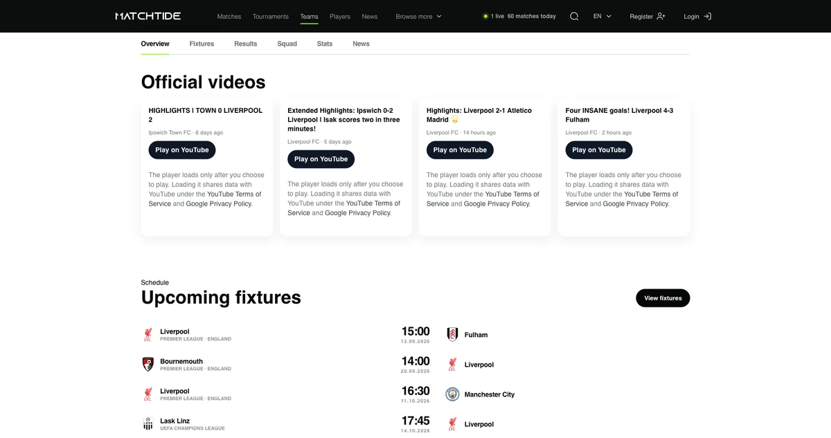 MatchTide: Посилання на офіційні відео у футбольному інтерфейсі.