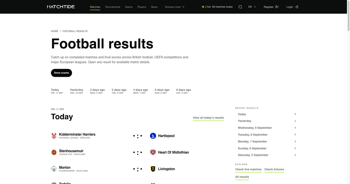 MatchTide: Перегляд завершених матчів із прихованим рахунком.