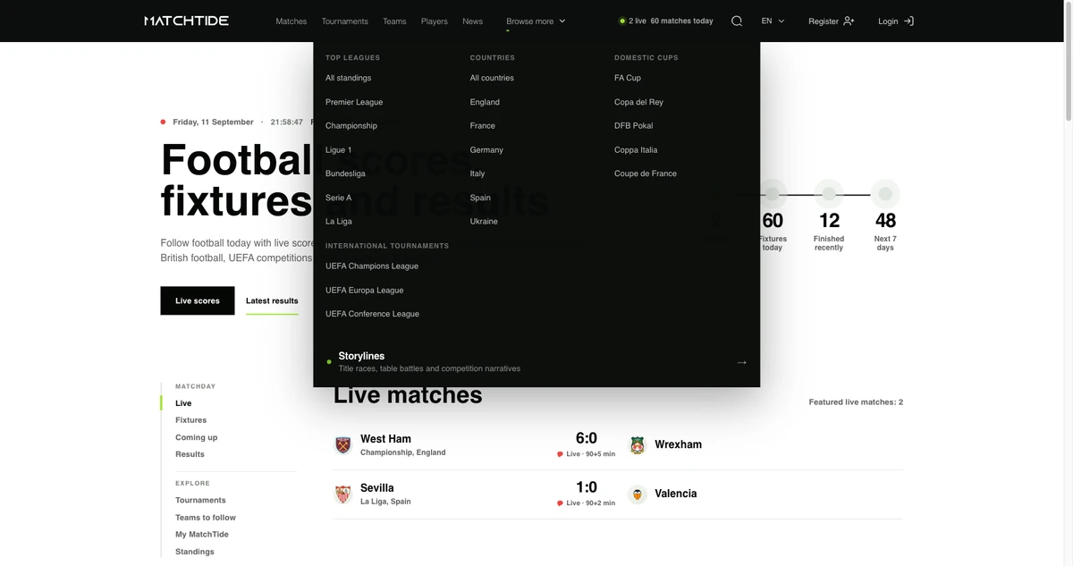 MatchTide: Розгорнуте меню футбольної навігації.