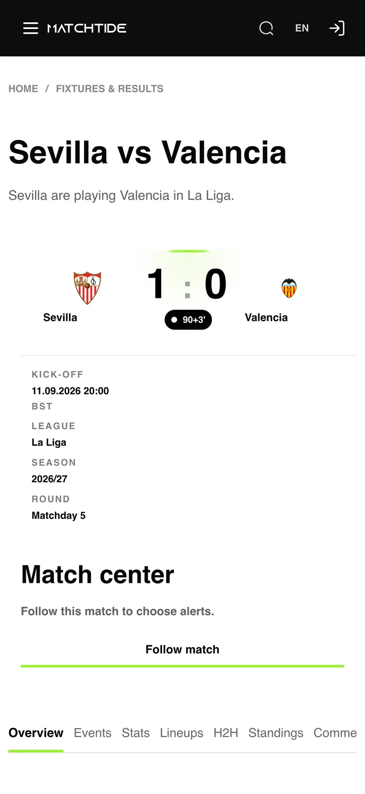 MatchTide: Рахунок, контекст і детальні розділи матчу на телефоні.