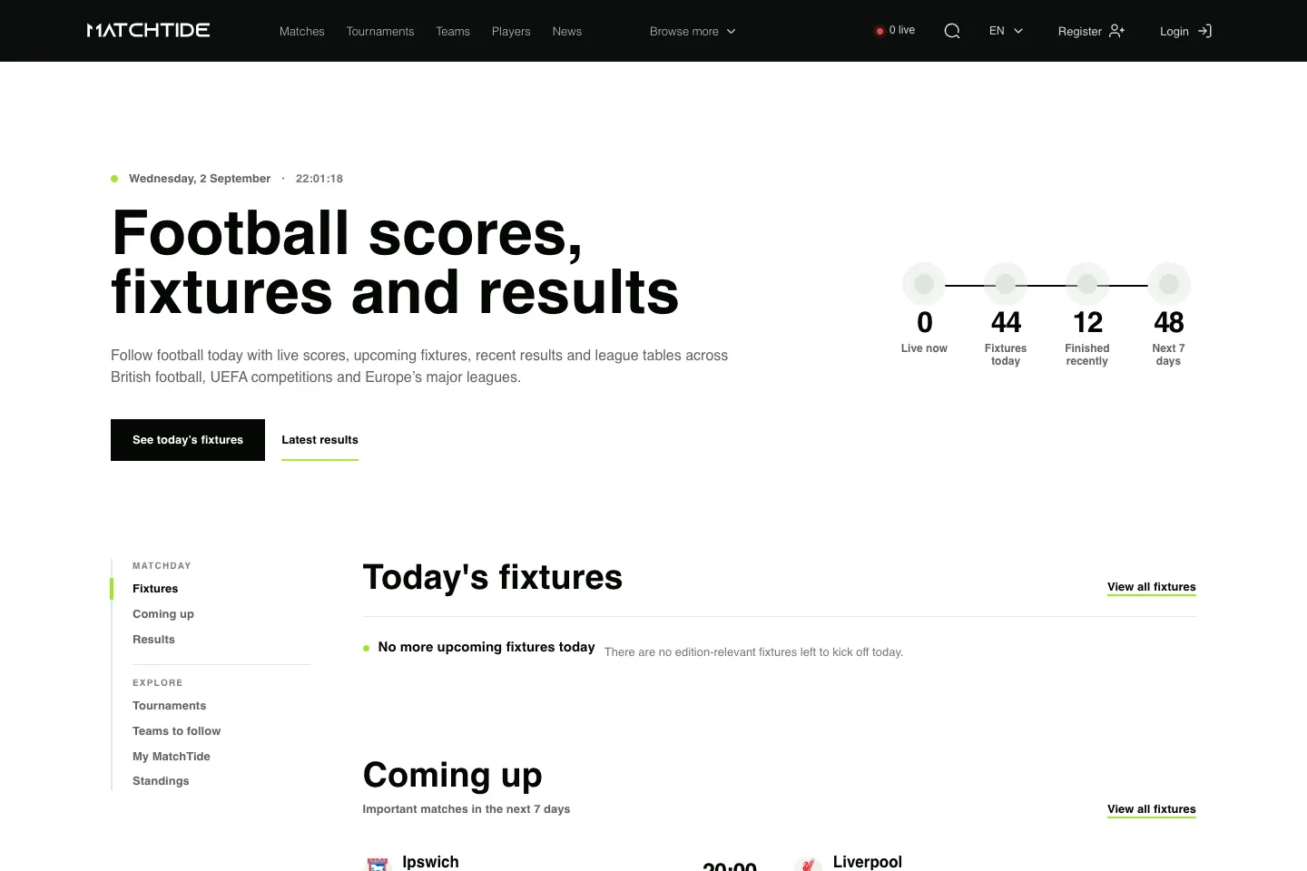 MatchTide homepage showing current football fixtures.