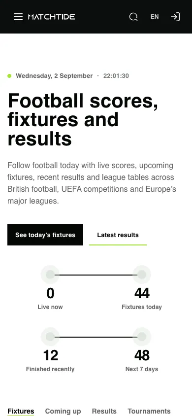MatchTide football interface on a narrow mobile screen.