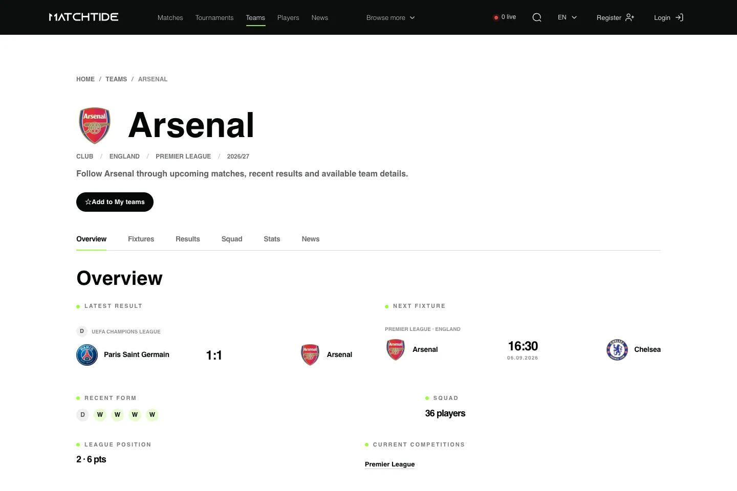 MatchTide team interface showing fixtures, results and identity.