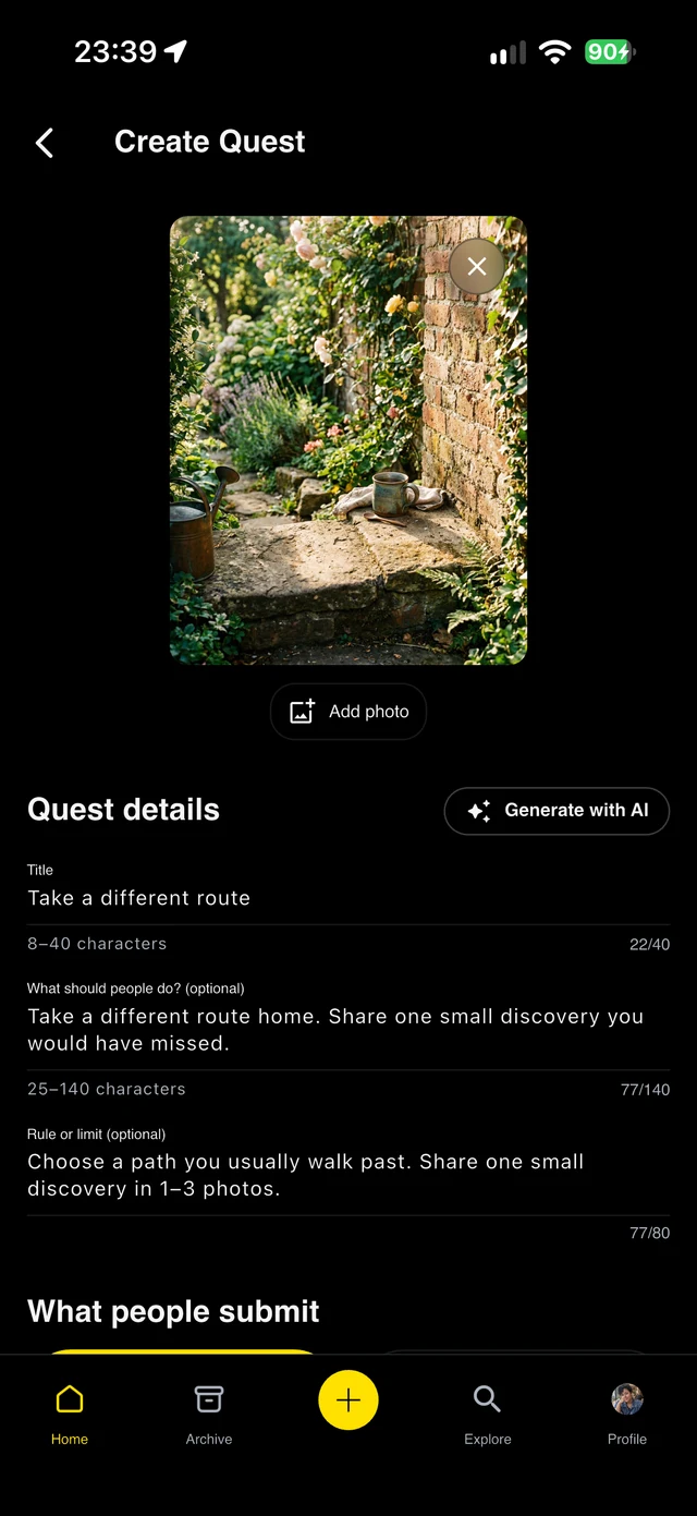 Quest-ly: A populated challenge draft with its media and description.
