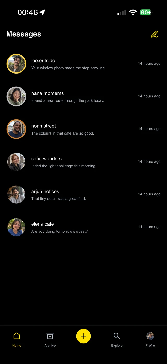 Quest-ly: The conversation list with illustrative conversations.