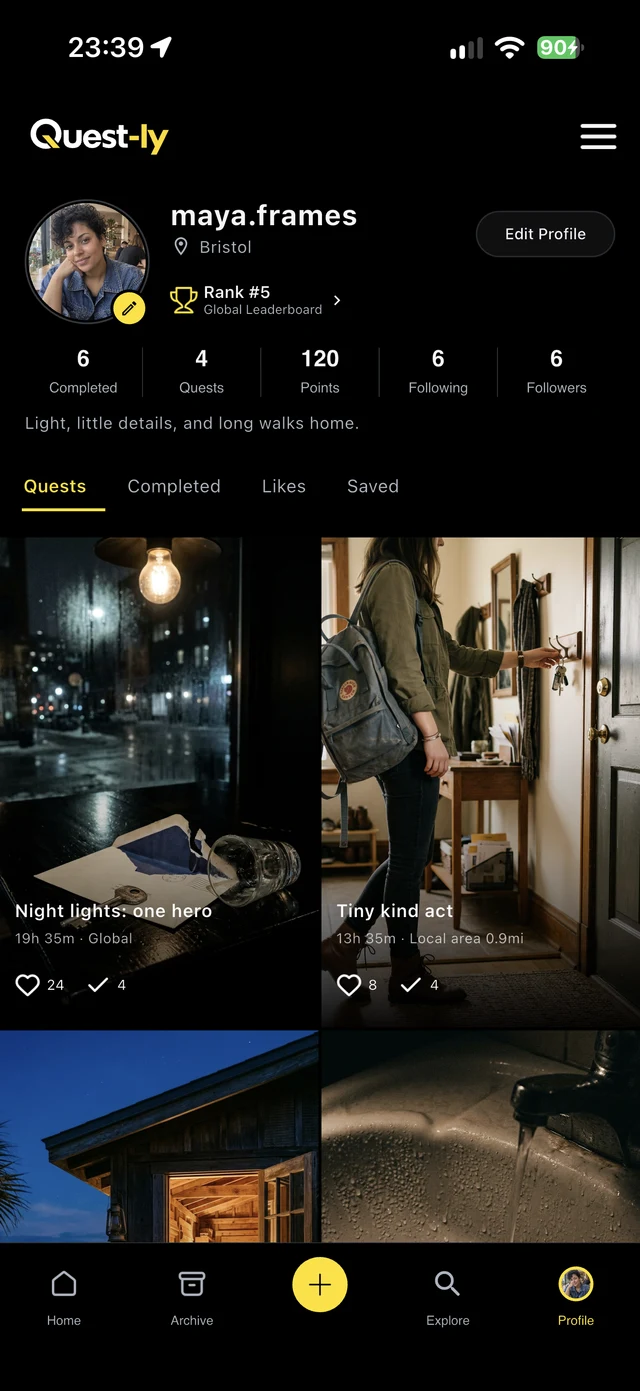 Quest-ly: Profile information and personal challenge collections.