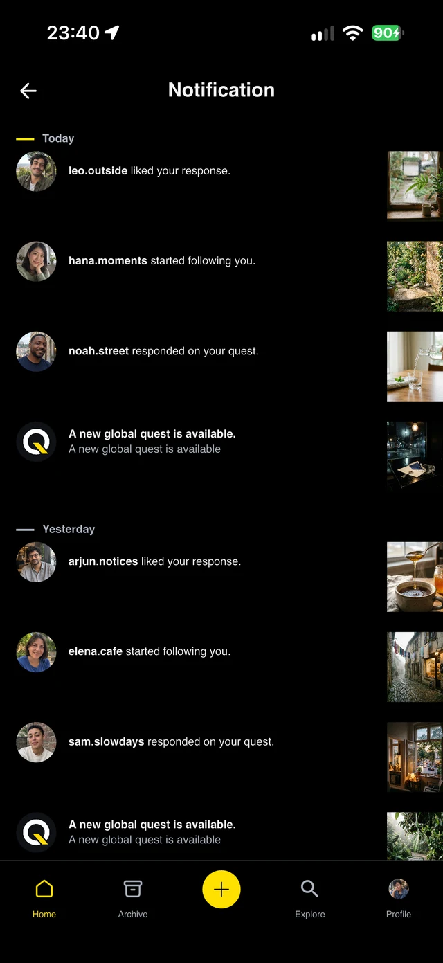 Quest-ly: The activity notification interface.