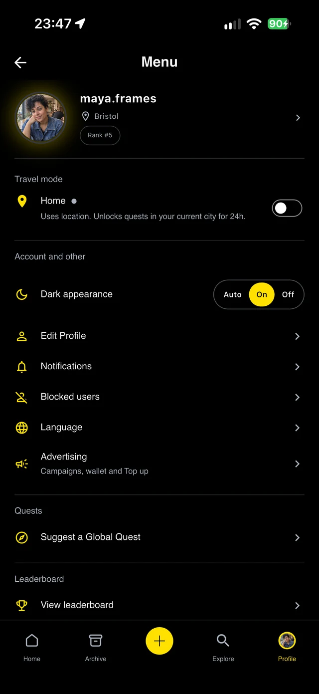 Quest-ly: Travel, theme and account settings.