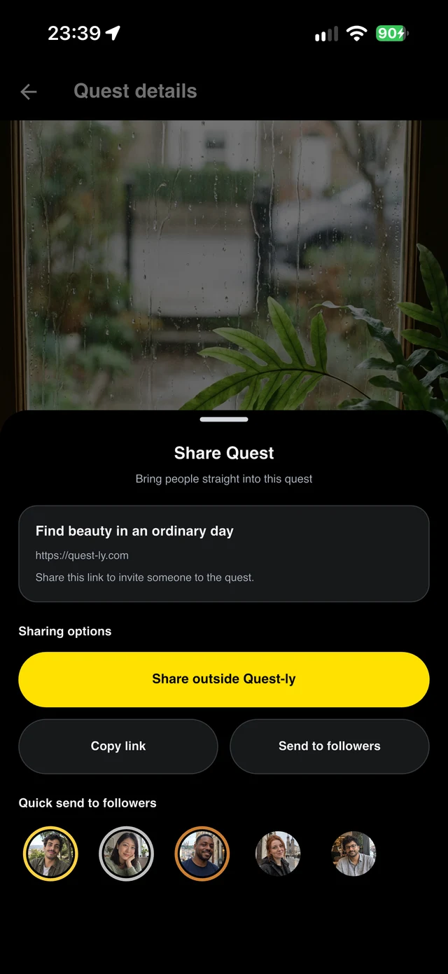 Quest-ly: Quest sharing and direct sharing controls.