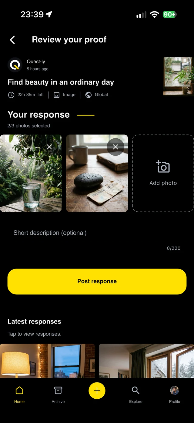 Quest-ly: Selected response photos, caption and publishing action.