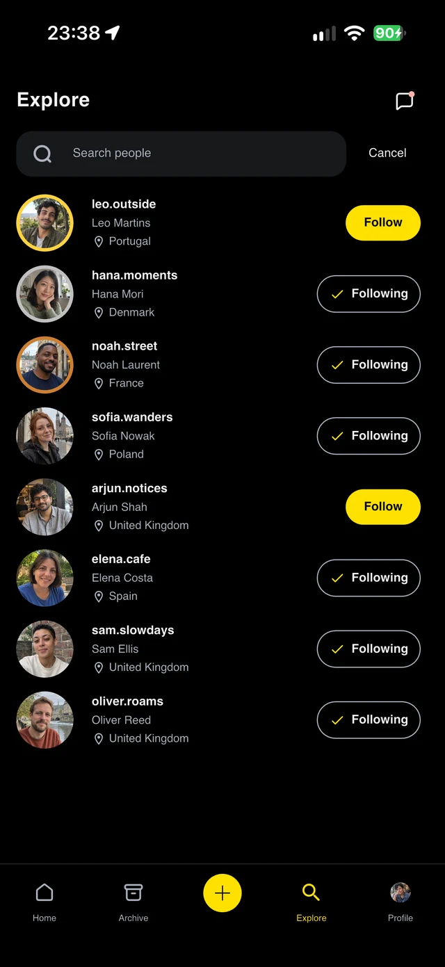 Quest-ly: People search and follow controls.