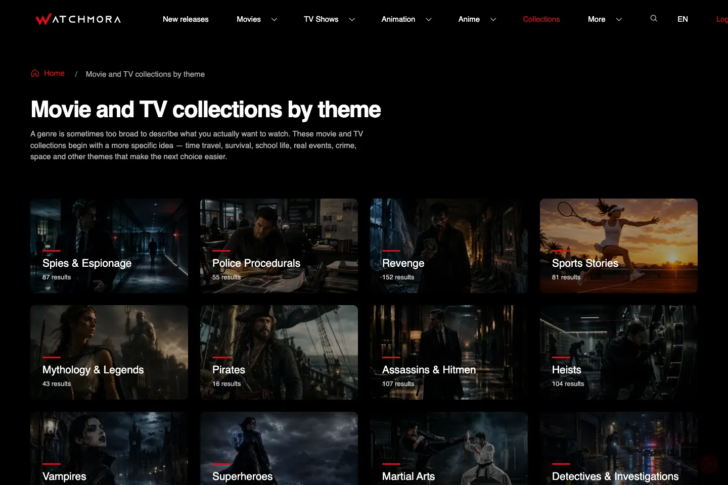 Watchmora collections interface showing related films and television titles.