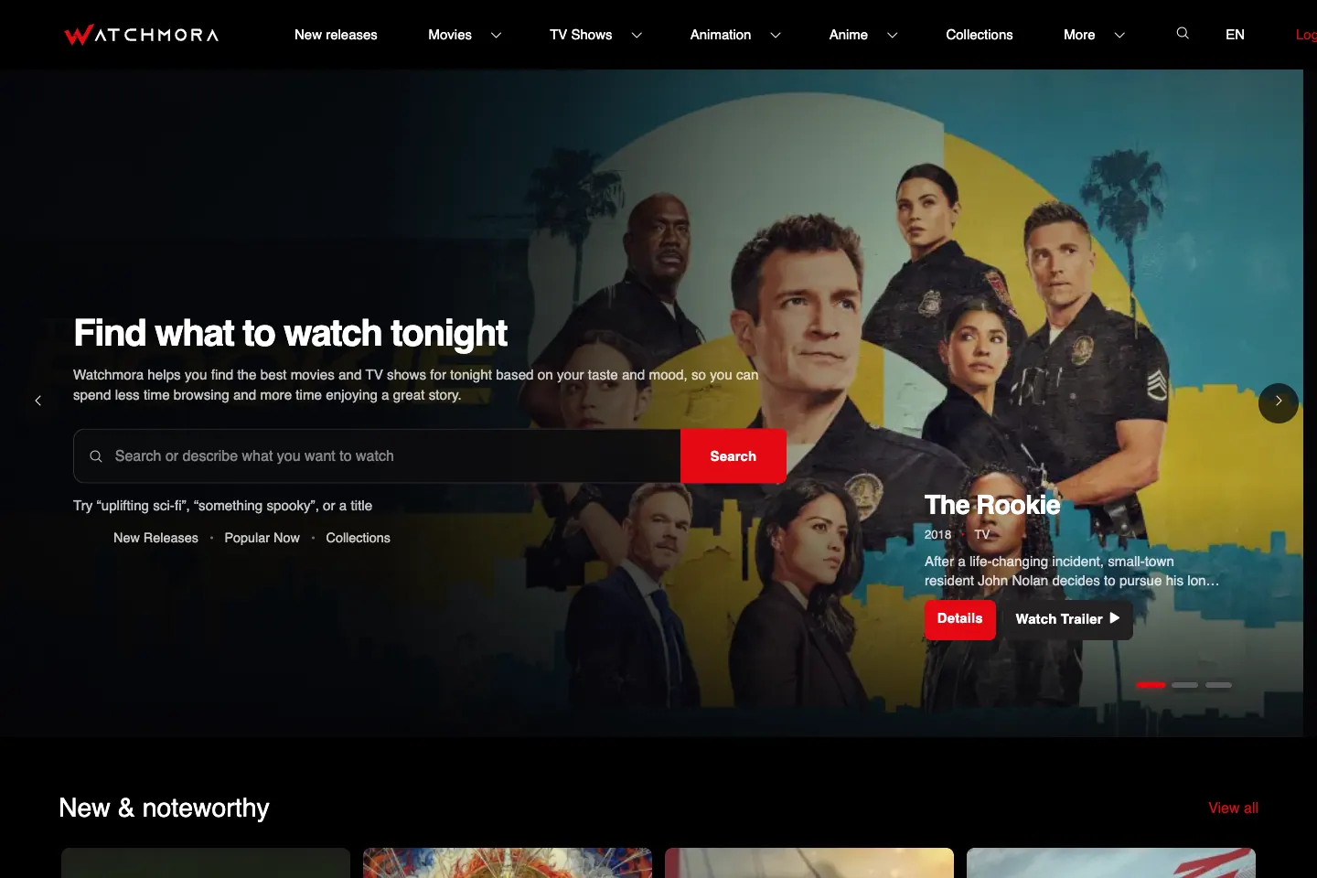 Watchmora homepage showing movie and television discovery paths.
