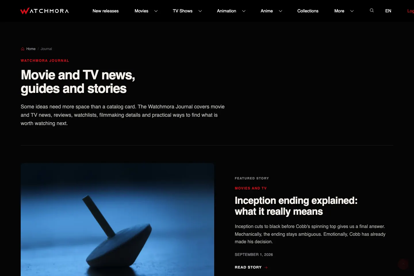 Watchmora Journal interface showing editorial viewing content.
