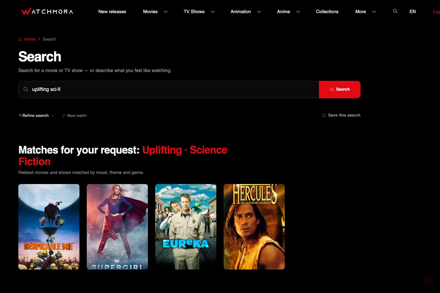 Watchmora search interface showing movie and television discovery results.
